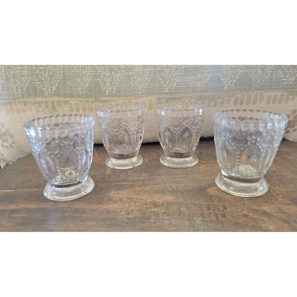 Set of 4 Clear Pressed Glass Votive Holders, EAPG Style Hobnail Scalloped Cups